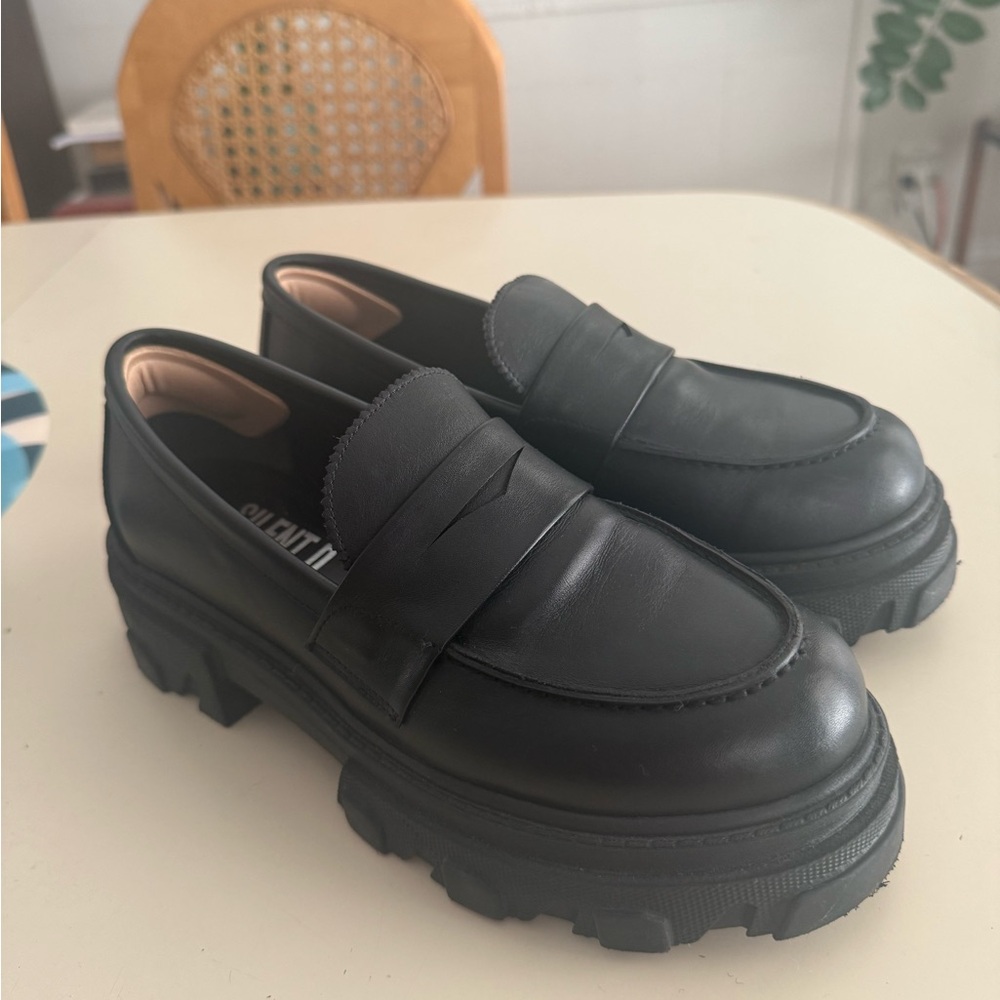 Silent D Coralie Chunky Lug Sole Black Leather Loafers - Picture 7 of 10
